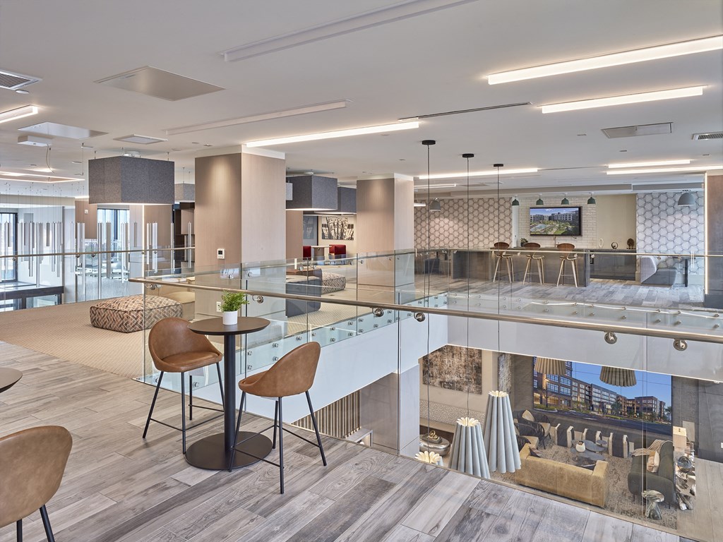 expansive amenity spaces, coworking areas, conference rooms, double height ceilings, lounge seating