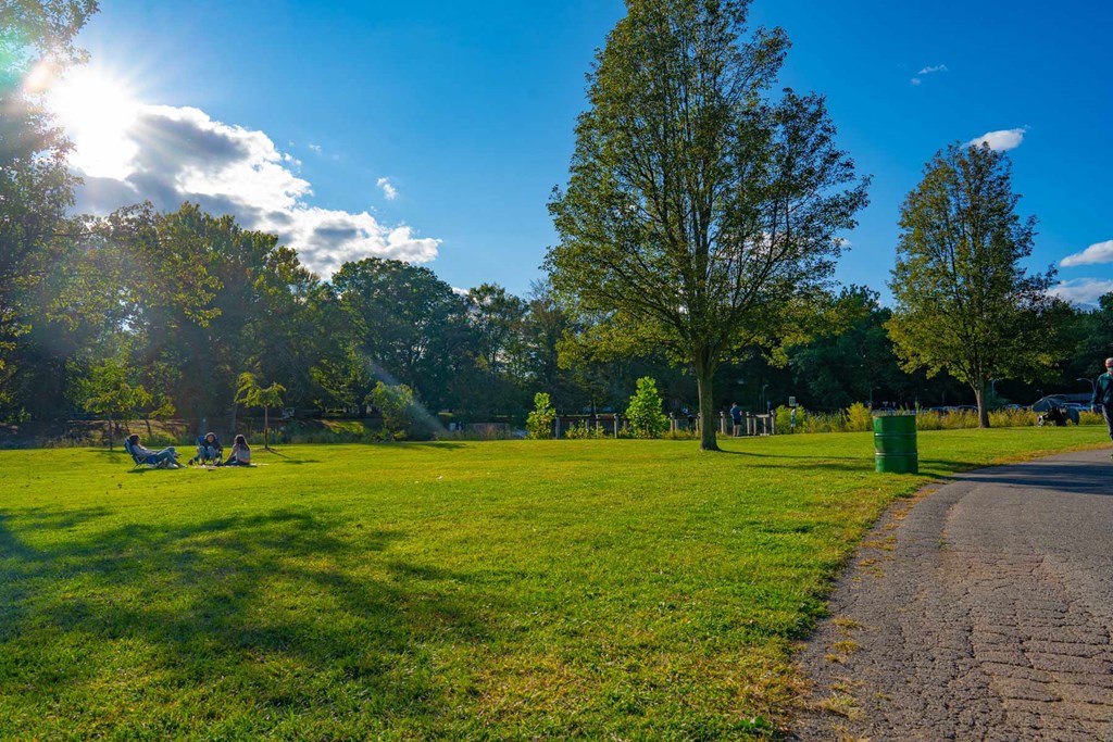 A sunny day in a park with people sitting on the grass.