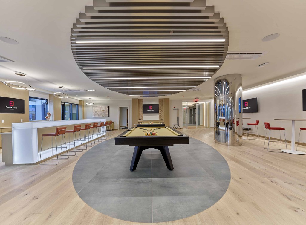 clubroom, pool tables, bar area, lounge seating, resident amenities