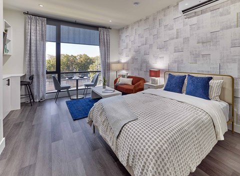 spacious studio home, oversized windows, custom closets, full size appliances