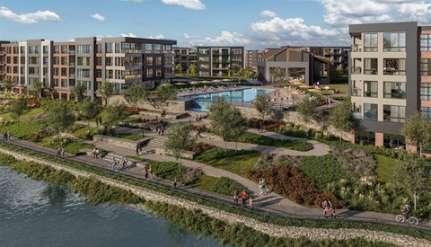 A view of apartment buildings with a pool and people walking around.