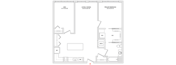 A floor plan of a house with a den, living/dining area, and primary bedroom.