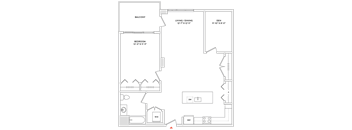 A floor plan of a house with a balcony, living/dining area, and bedrooms.
