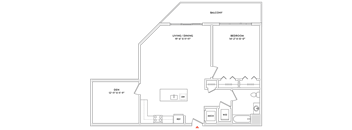 A floor plan of a house with a balcony, living and dining room, den, and bedroom.