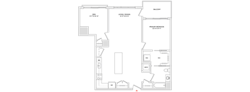 A floor plan of a house with a balcony, two bedrooms, a living room, and a dining room.