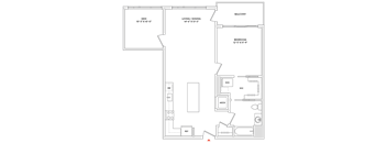 A floor plan of a house with a balcony, living room, dining room, and bedroom.