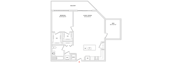 A floor plan of a house with a balcony, living/dining room, and kitchen.