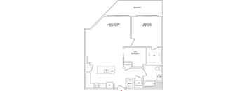 A floor plan of a house with a balcony, living/dining area, den, and bedrooms.