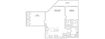 A floor plan of a house with a den, two bedrooms, a living/dining area, a balcony, and a workspace.