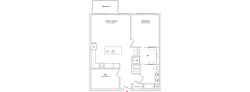 A floor plan of a house with a balcony, living/dining area, kitchen, and bedroom.