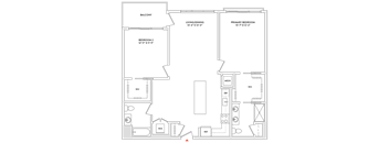 A floor plan of a house with a balcony, living room, dining room, and two bedrooms.