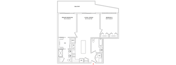 A floor plan of a house with a balcony, two bedrooms, a living/dining area, and a kitchen.