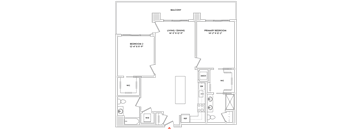 A floor plan of a house with a balcony, living/dining area, and primary bedroom.