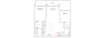 A floor plan of a house with a balcony, two bedrooms, a living/dining area, and a kitchen.