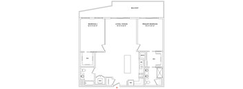 A floor plan of a house with a balcony, two bedrooms, a living/dining area, a primary bedroom, and a utility closet.