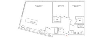 A floor plan of a house with a living/dining area, two bedrooms, a bathroom, a kitchen, and a workspace.