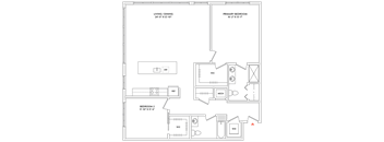 A floor plan of a house with a living/dining area, two bedrooms, a primary bedroom, and a bathroom.
