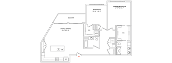 A floor plan of a house with two bedrooms, a living room, a dining room, a kitchen, a bathroom, and a balcony.
