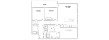 A floor plan of a house with a balcony, living/dining area, and three bedrooms.