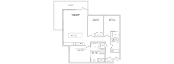 A floor plan of a house with a balcony and three bedrooms.