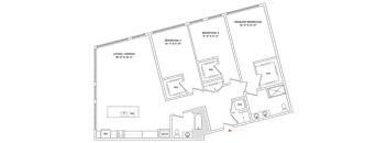 A floor plan of a house with three bedrooms and a living/dining area.