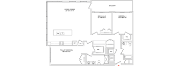 A floor plan of a house with a living room, dining room, kitchen, and two bedrooms.