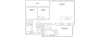 A floor plan of a house with a balcony, living/dining area, and three bedrooms.