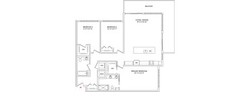 A floor plan of a house with a balcony, living/dining area, and three bedrooms.