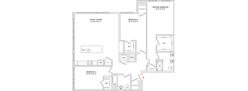 A floor plan of a house with three bedrooms and a living/dining area.