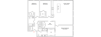 A floor plan of a house with two bedrooms, a den, a living/dining area, a kitchen, a primary bedroom, a workout room, and a laundry room.