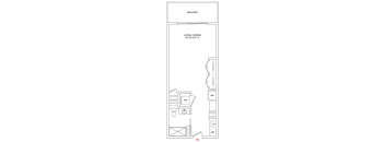 A floor plan of a saloon with a living/dining area and a kitchen.