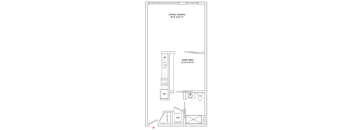A floor plan of a living/dining area with a sleeping area and a kitchen.