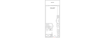A floor plan of a balcony with living and dining areas.