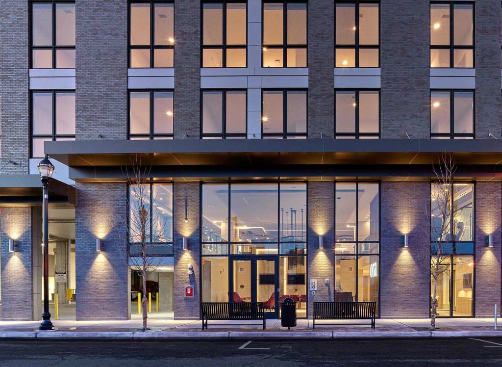 Exterior night view of Ora luxury apartments with contemporary architecture in Hackensack, NJ