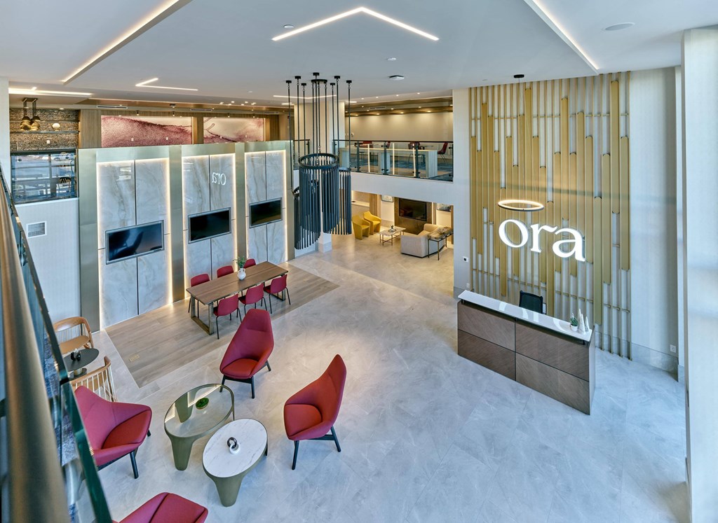 Interior view of Ora Hackensack lobby featuring upscale design and vibrant community spaces