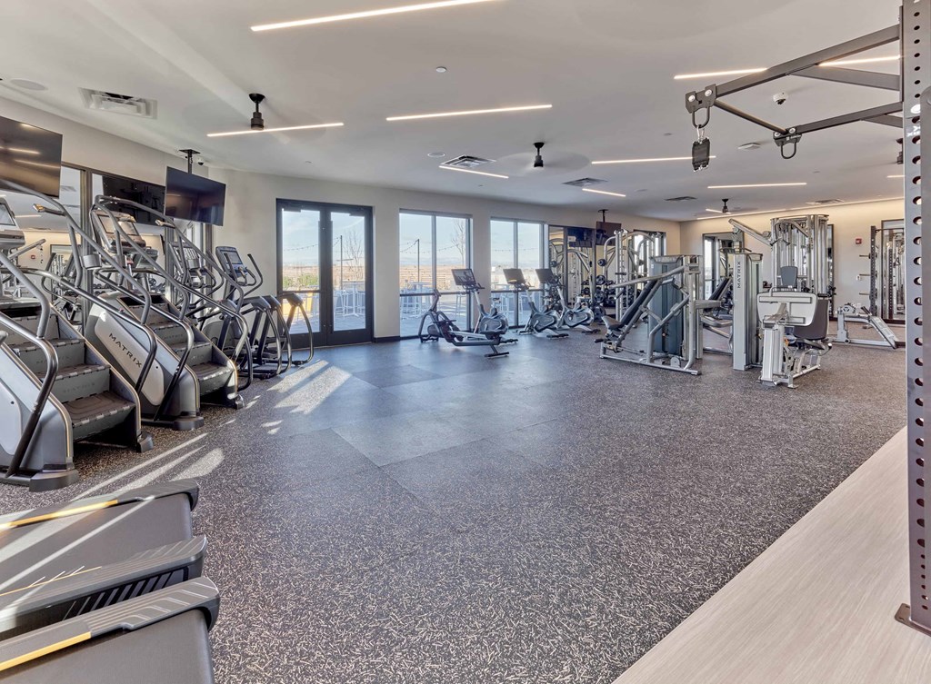 State-of-the-art fitness center with premium equipment and bright lighting at Ora in Hackensack, NJ