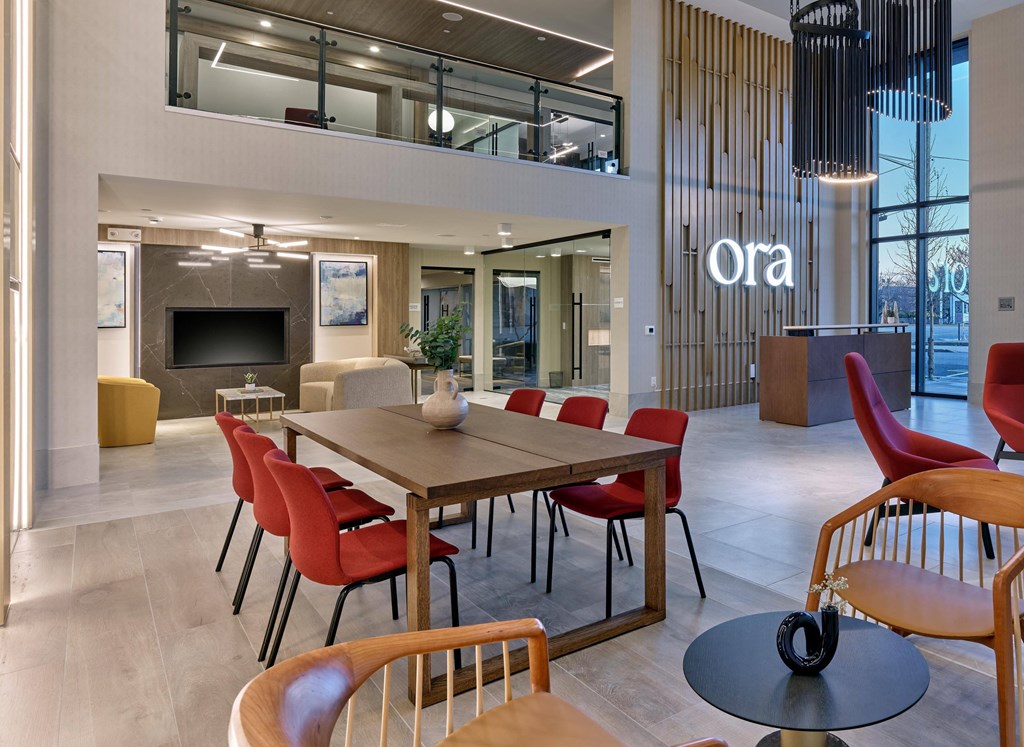 Contemporary coworking space with stylish design and collaborative seating at Ora in Hackensack, NJ