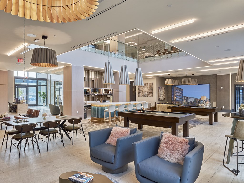 clubroom, amenity spaces, pool table, bar area, foosball table,