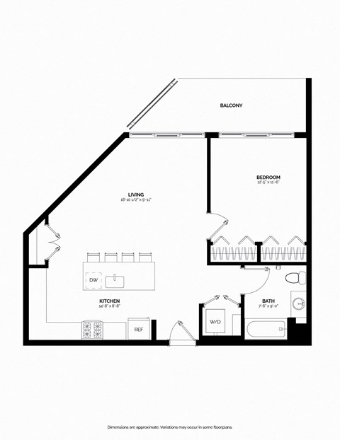 spacious one bed, private balcony, chef-inspired kitchen,