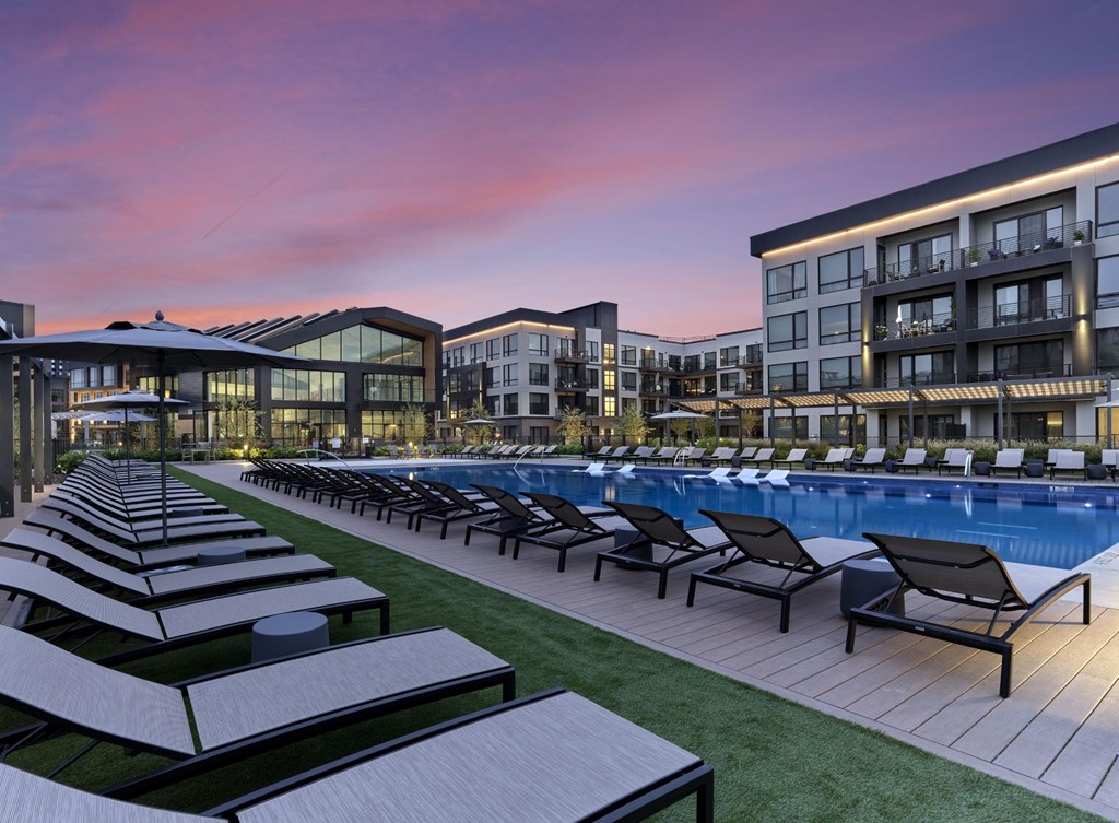 Modern pool area with sleek design at Print House Apartments, Hackensack, NJ