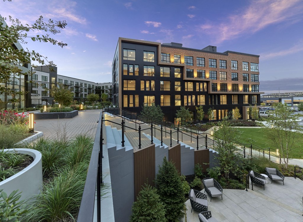 Contemporary facade of Print House Apartments featuring modern architecture in Hackensack, NJ