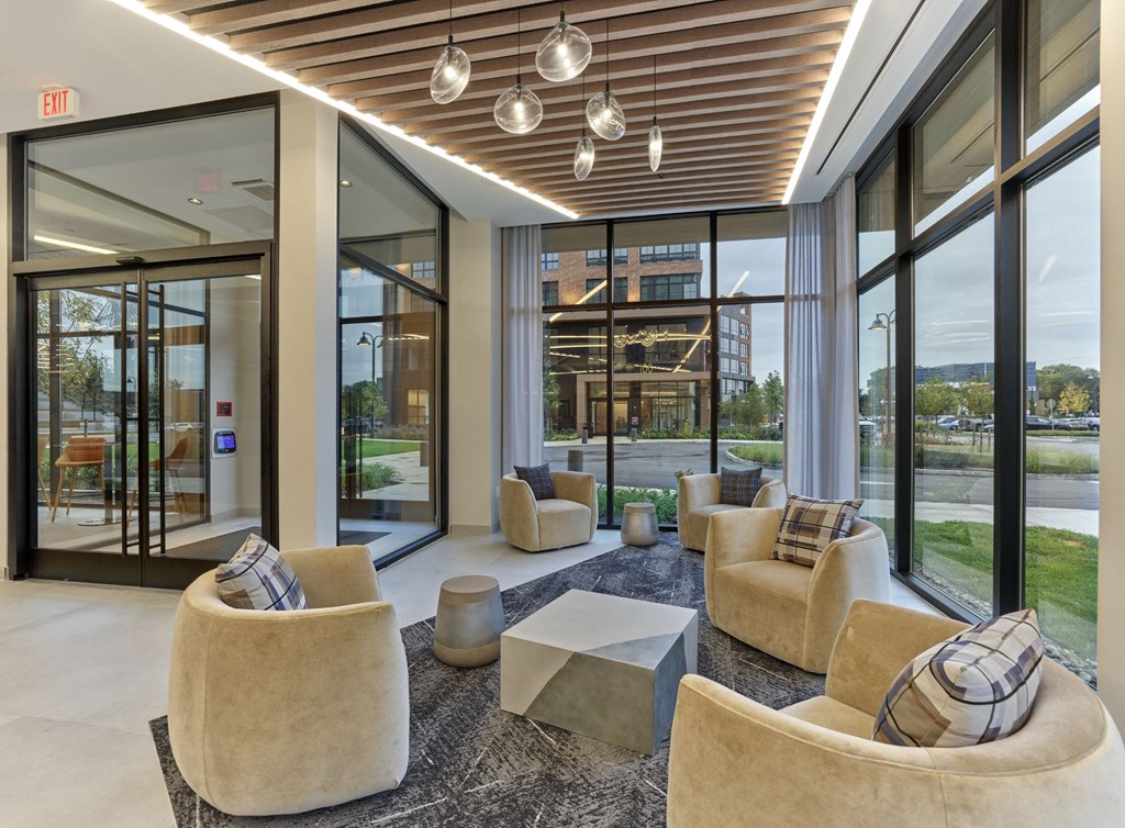 Luxurious lobby area of Print House Apartments in Hackensack, NJ