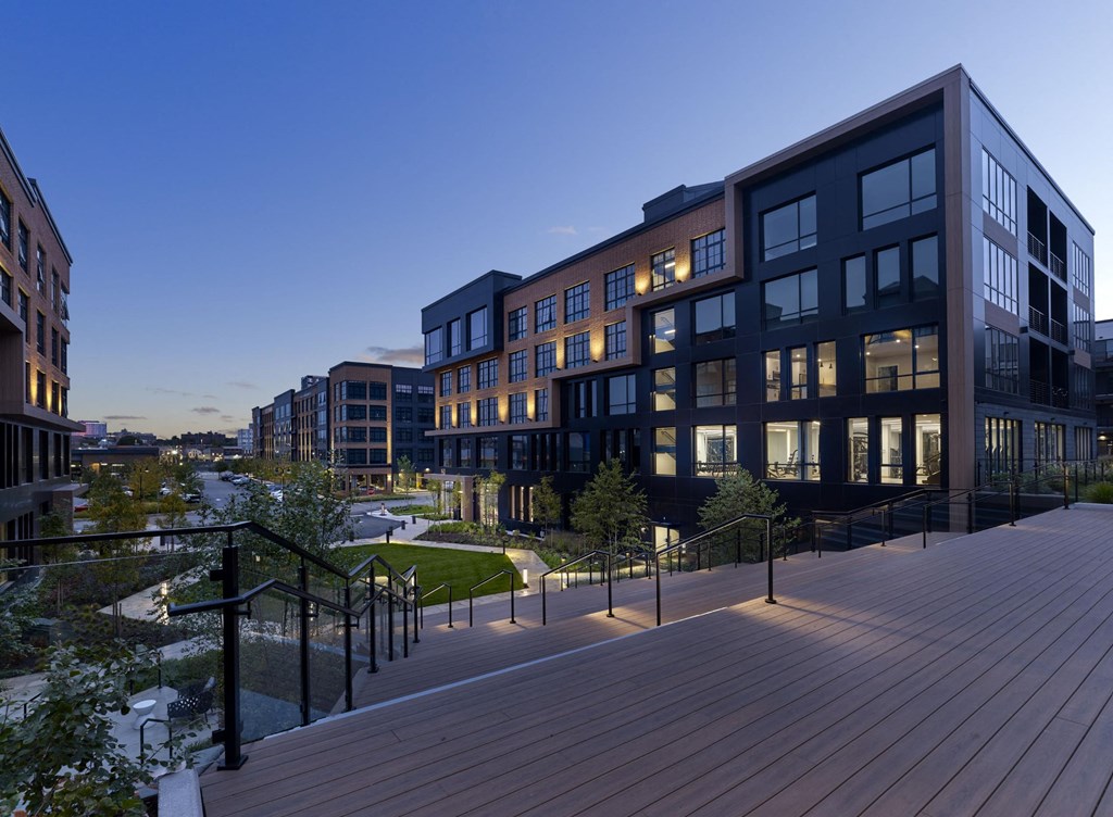 Modern exterior view of Print House Apartments in Hackensack, NJ