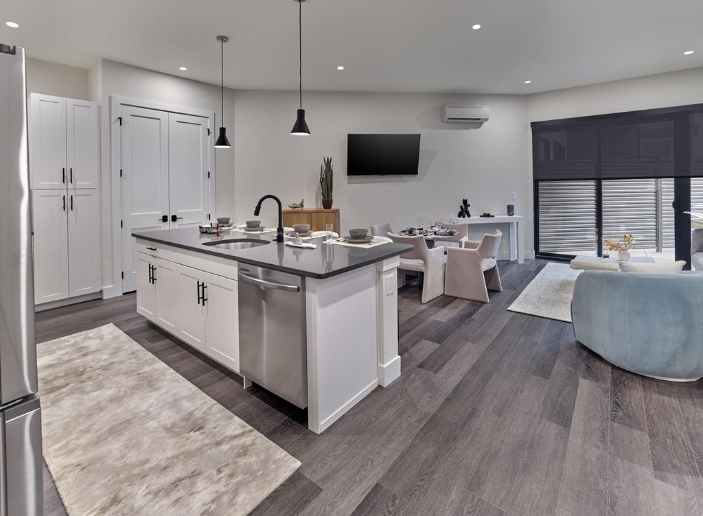 Spacious kitchen featuring a large island and quartz countertops at Print House, Hackensack