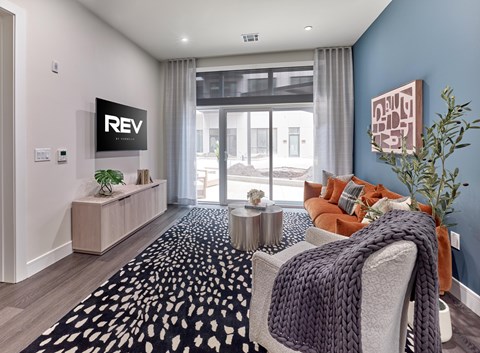 A living room with a black and white patterned rug, a grey sofa with a grey throw, a wooden side table with a plant, and a large window with curtains.