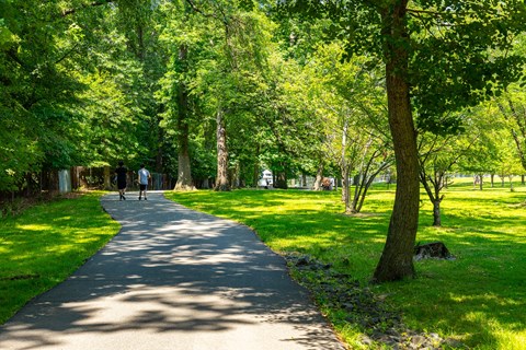 A pathway in a park with people walking on it.