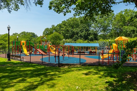 A playground with a blue slide and a yellow slide.