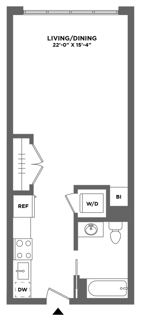 large studio, closet space, washer dryer