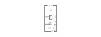 A floor plan of a small apartment with a living room, kitchen, and bedroom.
