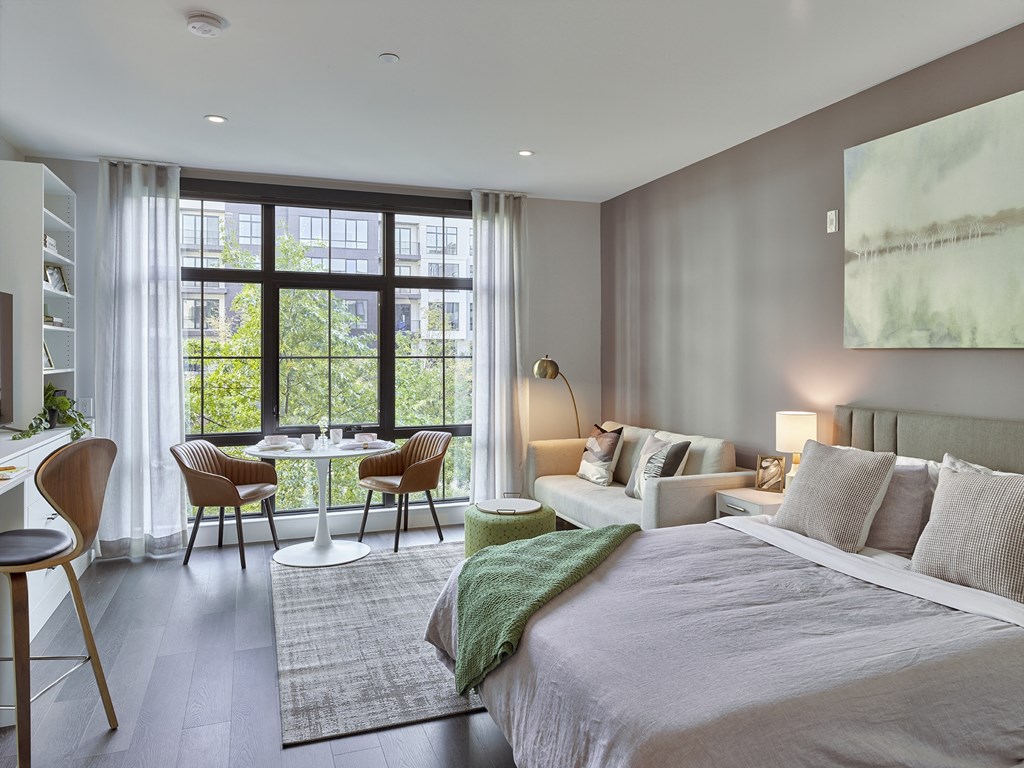 studio, built-in cabinets, floor to ceiling windows,